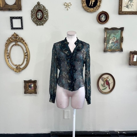 Diane Von Furstenberg Tops - vintage Diane von Furstenberg Silk Button-Up Blouse Teal & Black Abstract Print